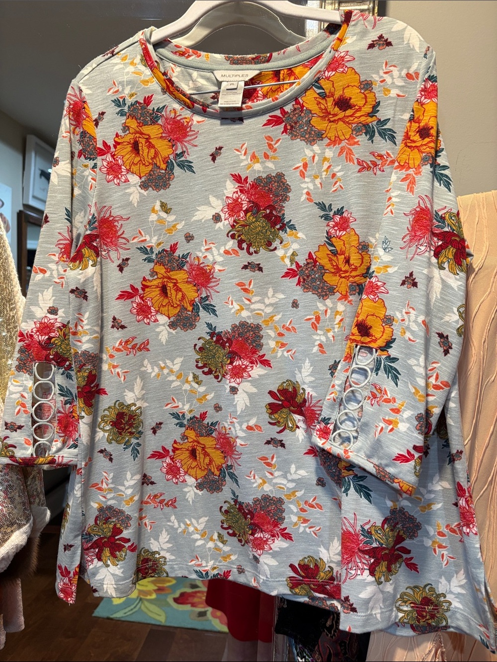 Multiples Light Blue Floral Long Sleeve Top with Yellow & Red Blooms